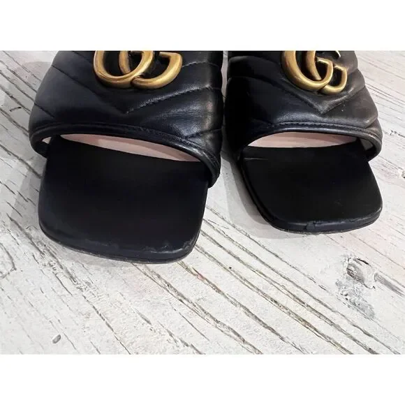 Gucci Marmont Women's Black Quilted Leather Slide Sandals Logo GG Size 39 - Picture 8 of 15